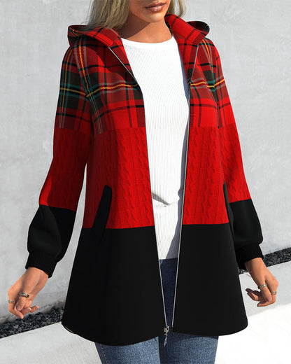 Zipped plaid hooded coat