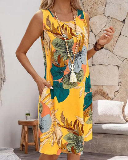 Sleeveless leaf print dress casual dresses summer