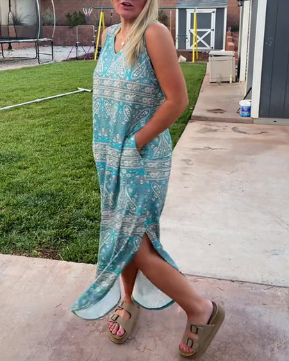 Ärmelloses Kleid mit V-Ausschnitt und Cashew-Blumen-Schlitz