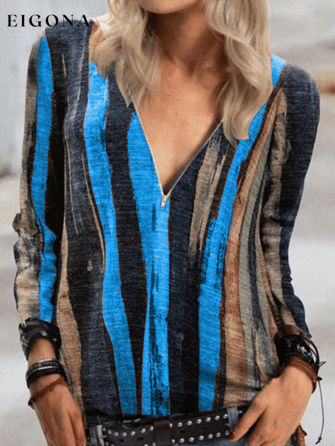 Women's Tie Dyed Striped V-neck Zip Shirt top tops