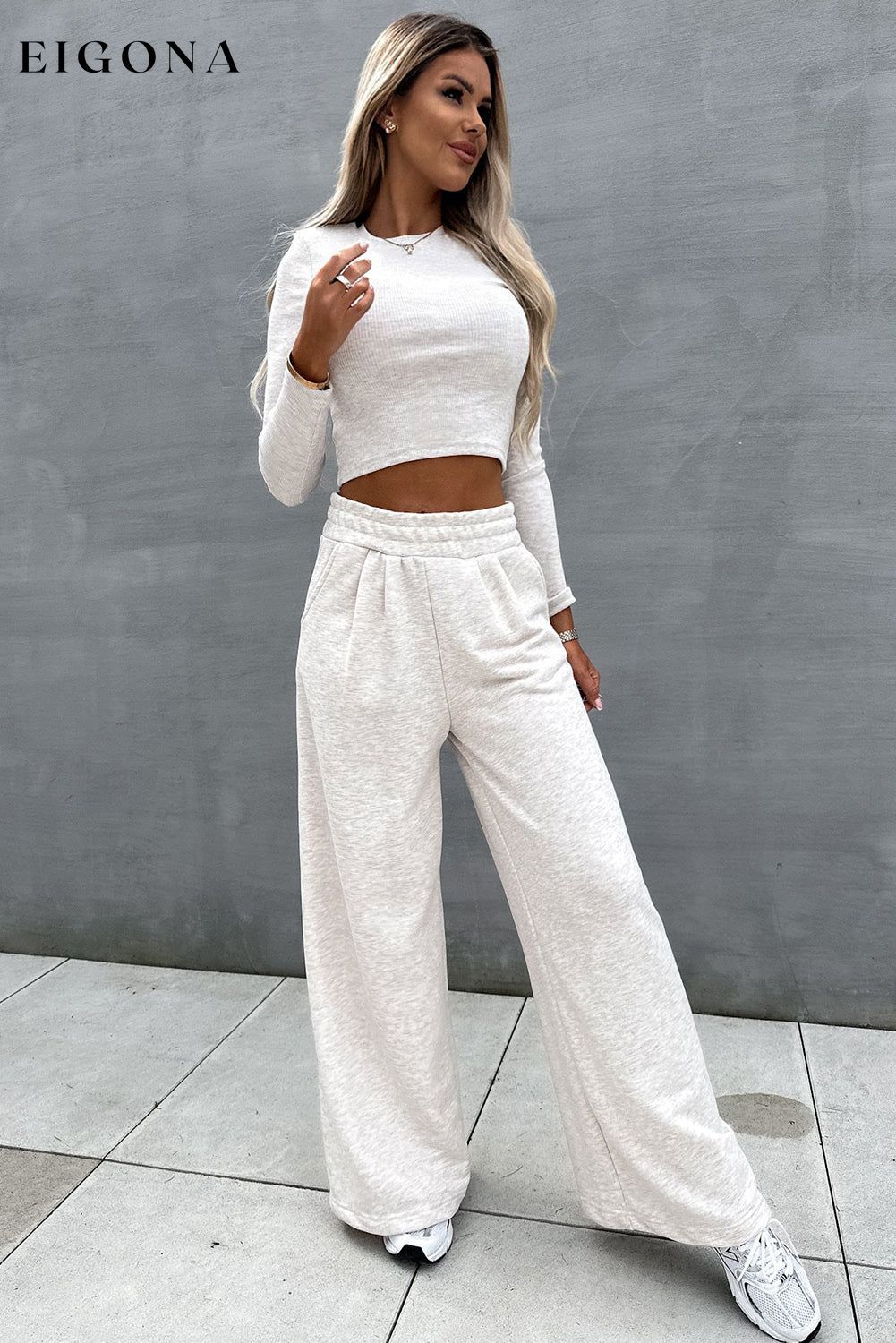 Beige Crop Top and Wide Leg Pants Two Piece Set All In Stock clothes EDM Monthly Recomend Hot picks lounge lounge wear lounge wear sets loungewear loungewear sets Occasion Daily Print Solid Color Season Winter sets Silhouette Wide Leg Style Casual