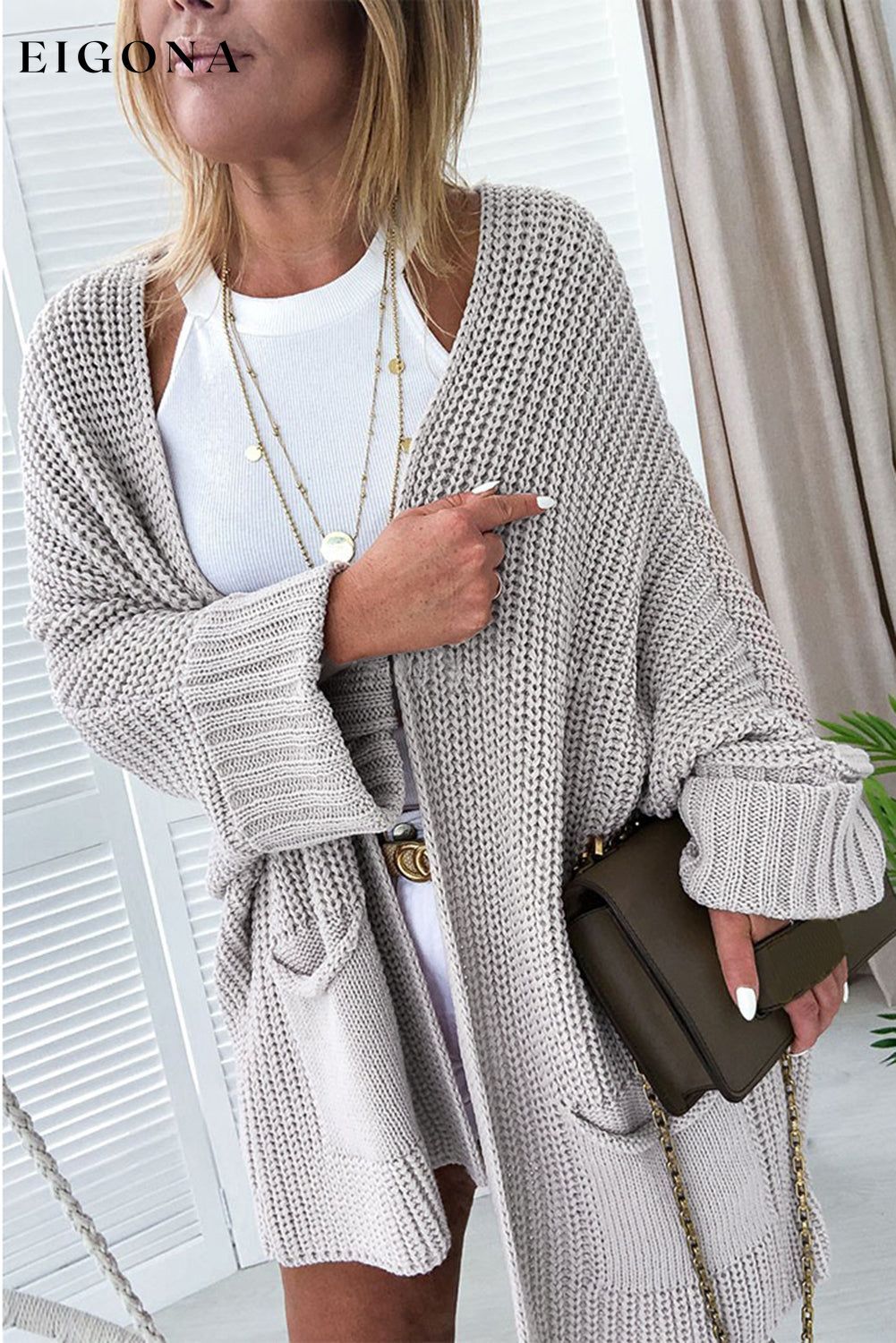 Khaki Oversized Fold Over Sleeve Sweater Cardigan All In Stock Best Sellers cardigan cardigans clothes Color Khaki Fall To Winter Occasion Daily Print Solid Color Season Winter Style Casual