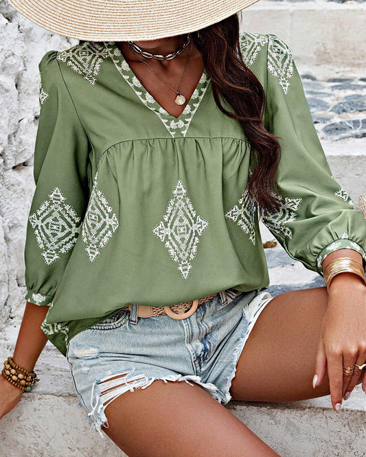 V-Neck Diamond Print Three-Quarter Sleeve Blouse blouses & shirts summer