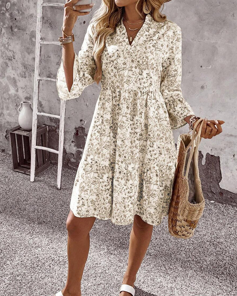 Stand-Collar Floral Print A-Line Dress