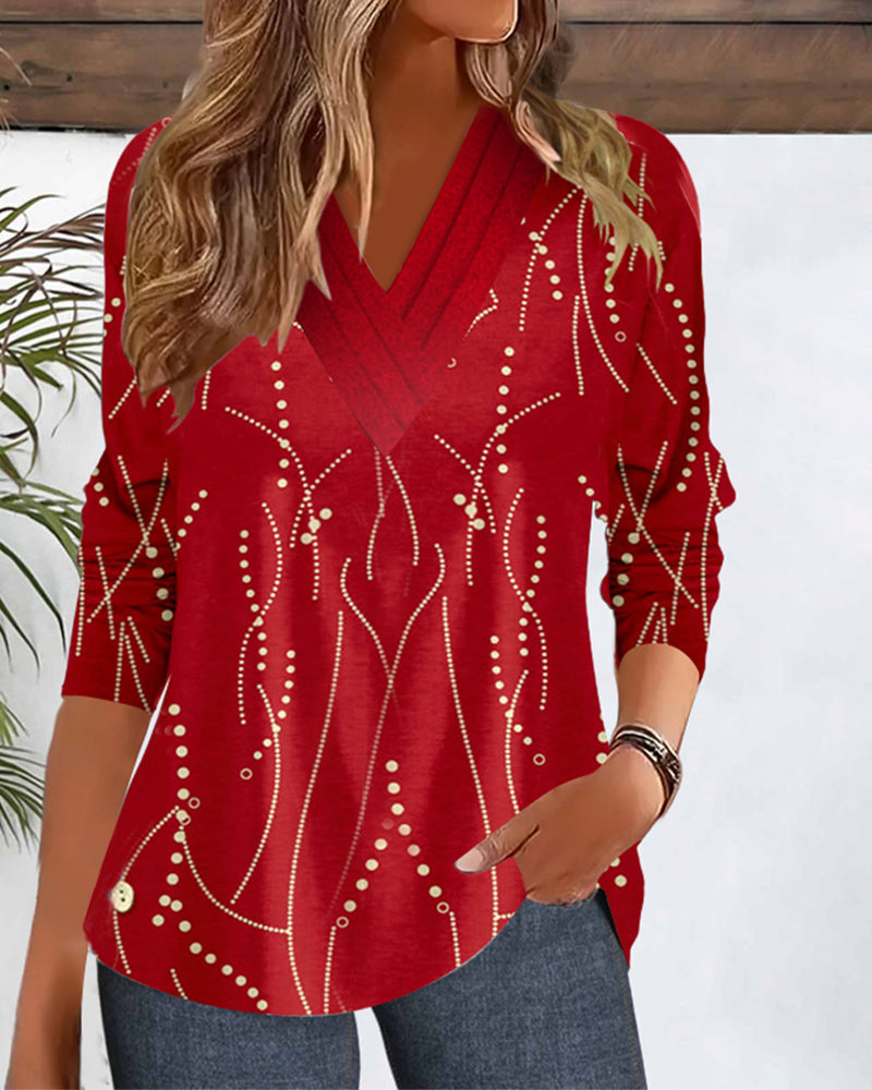 Casual V-neck printed long-sleeved T-shirt 2024 f/w blouses & shirts