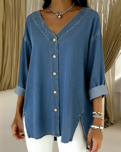 Button-Down V-Neck Denim Long-Sleeved Shirt