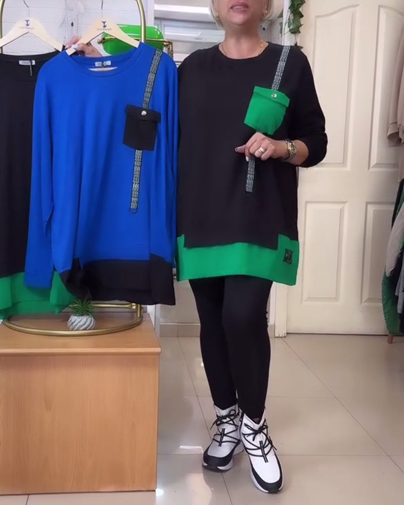 Lässiges Sweatshirt mit Rundhalsausschnitt und Tasche in Kontrastfarbe
