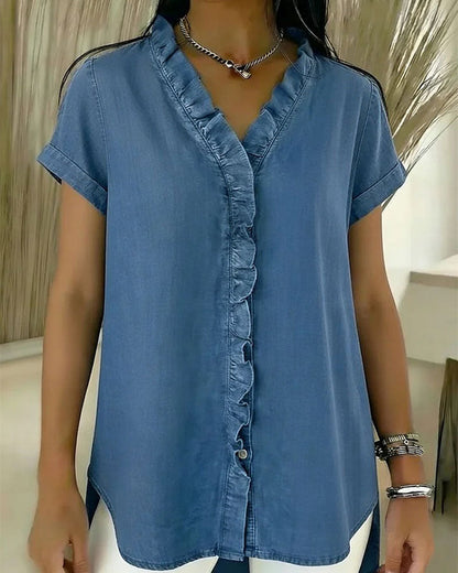Ruffled V-Neck Denim Short-Sleeved Top