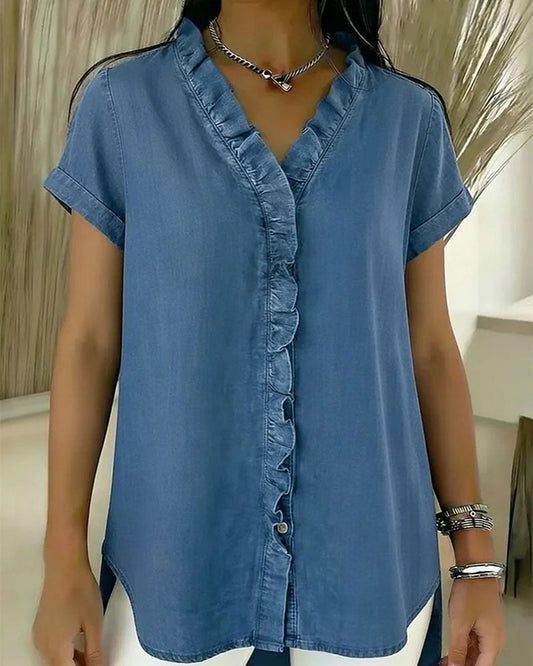 Ruffled V-Neck Denim Short-Sleeved Top