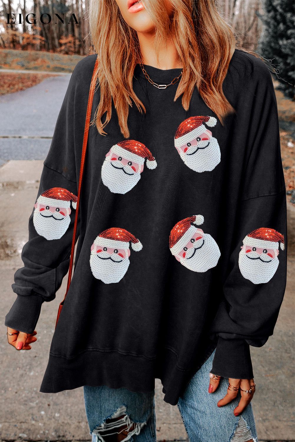 Sequin Santa Round Neck Slit Christmas Sweatshirt Black Christmas christmas sweater clothes Ship From Overseas sweater sweaters Sweatshirt SYNZ