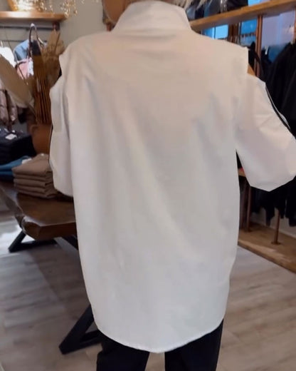 Off-The-Shoulder Contrast Long-Sleeved Blouse