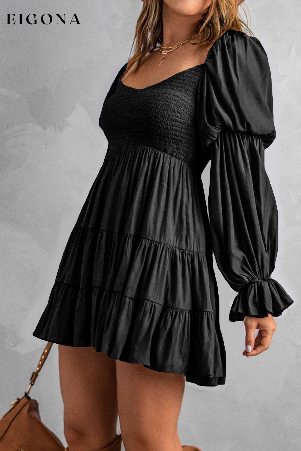 Smocked Off-Shoulder Tiered Mini Dress casual dress casual dresses clothes dress dresses long sleeve dress long sleeve dresses Ship From Overseas short dresses SYNZ