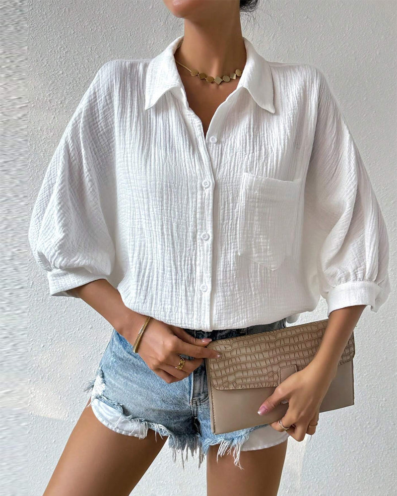 Einfarbiges Hemd mit Revers, Plissee und Laternenärmeln