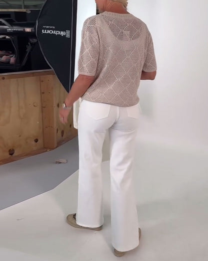 Rundhalspullover in Volltonfarbe mit Hohlsaum