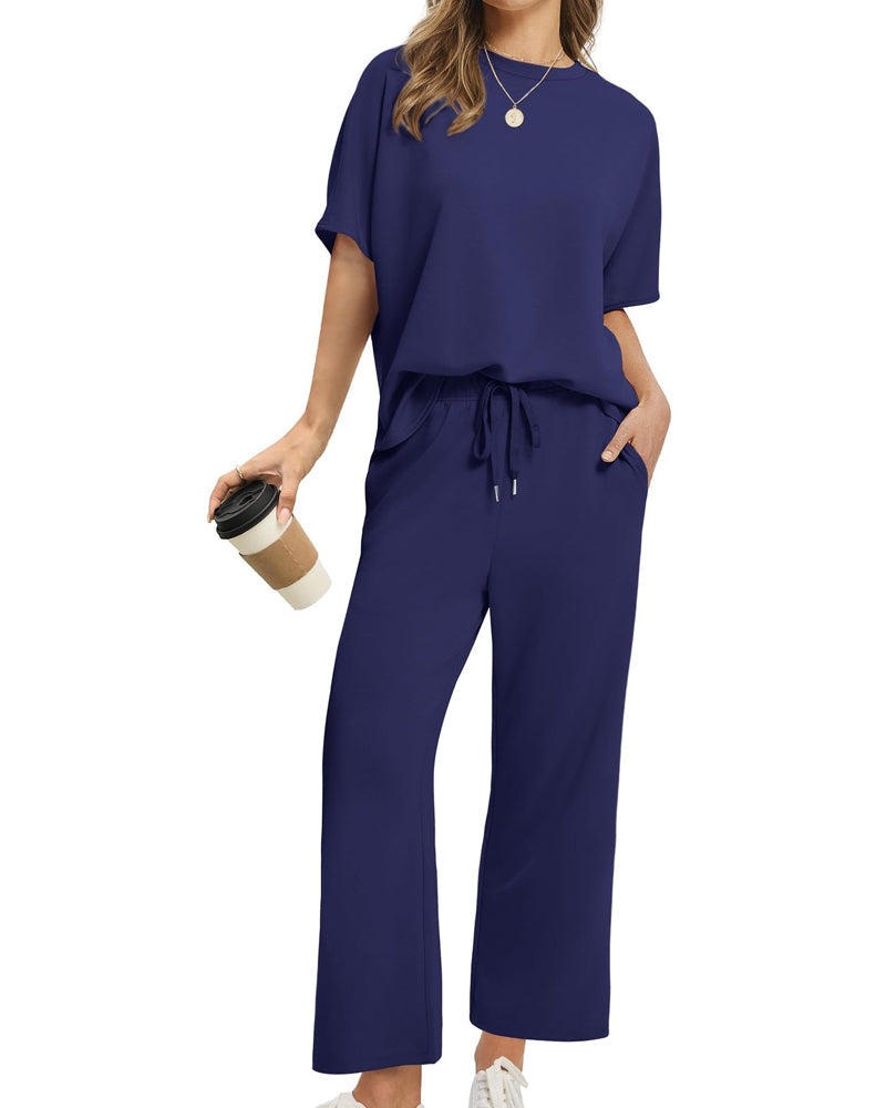 Solid Color Crew Neck Short-Sleeved Suit