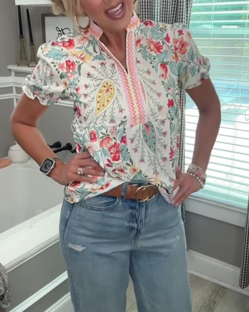 Floral Stand Collar Puff Sleeve Blouse