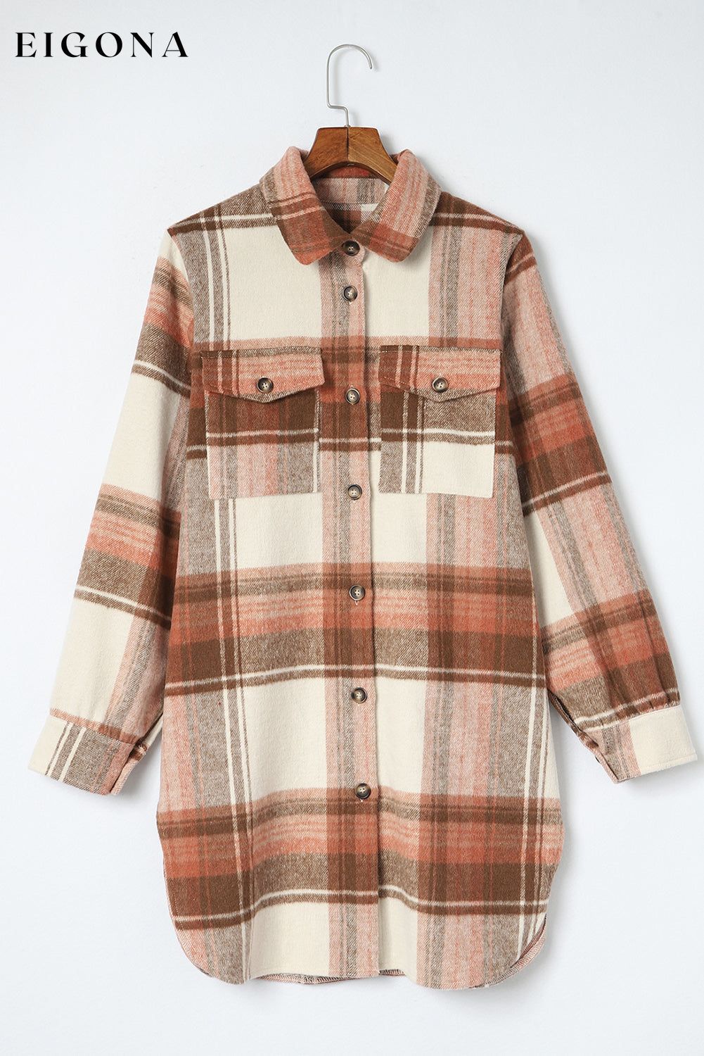 Brown Plaid Print Flap Pockets Long Shacket All In Stock Category Shacket clothes DL Exclusive DL Out West Fall To Winter Hot picks jacket Jackets & Coats Occasion Daily Print Plaid Season Winter Style Casual