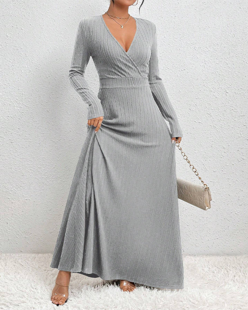 Simple solid color ribbed V-neck elegant dress 2023 f/w casual dresses spring