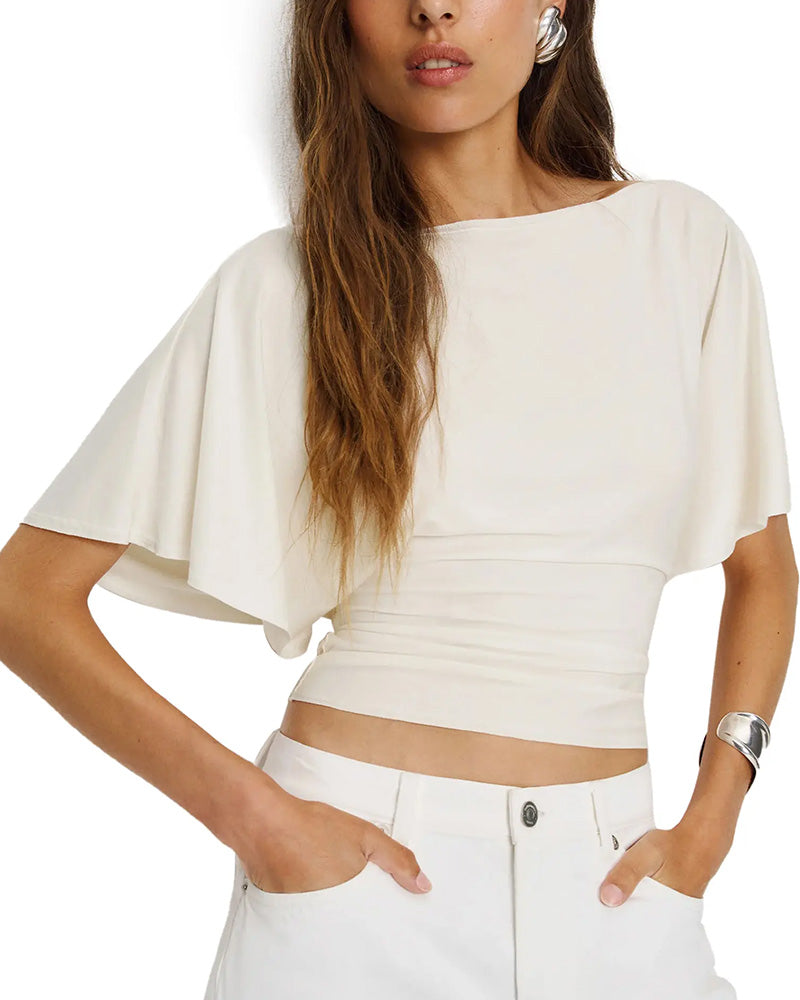 Bateau Neck Batwing Sleeve Waist-Cinch Cropped T-Shirt