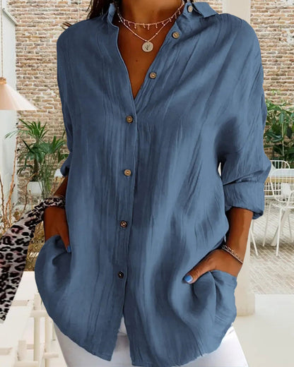 Casual solid color V-neck buttoned long-sleeve shirt 2024 f/w blouses & shirts spring