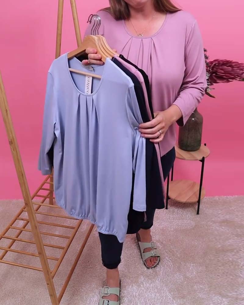 Crew Neck Pleated 3/4-Sleeve Top