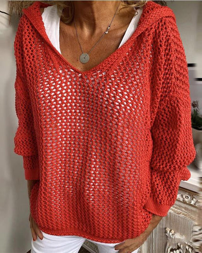 Dames Crochet Hollow Out Hooded Long Sleeve Tops
