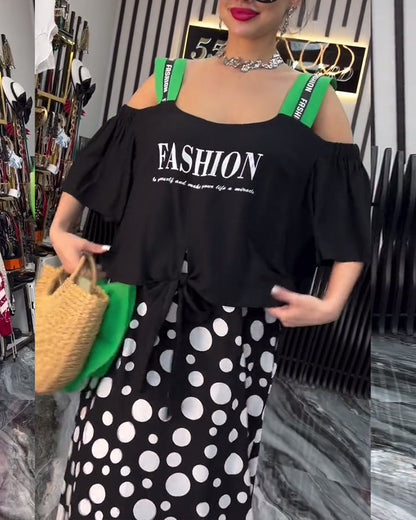 Lässiges Hosenträger-Patchworkkleid mit Punkten