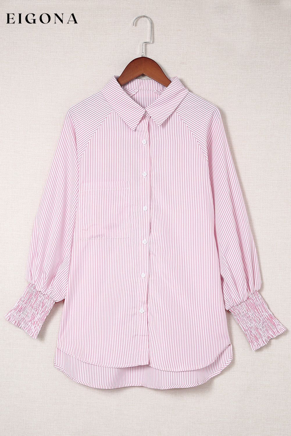 Pink Smocked Cuffed Striped Boyfriend Shirt with Pocket All In Stock button down womens clothes Color Pink Craft Smocked DL Exclusive Early Fall Collection long sleeve shirts long sleeve top Occasion Daily Print Stripe Season Spring Stripe tops Style Modern tops
