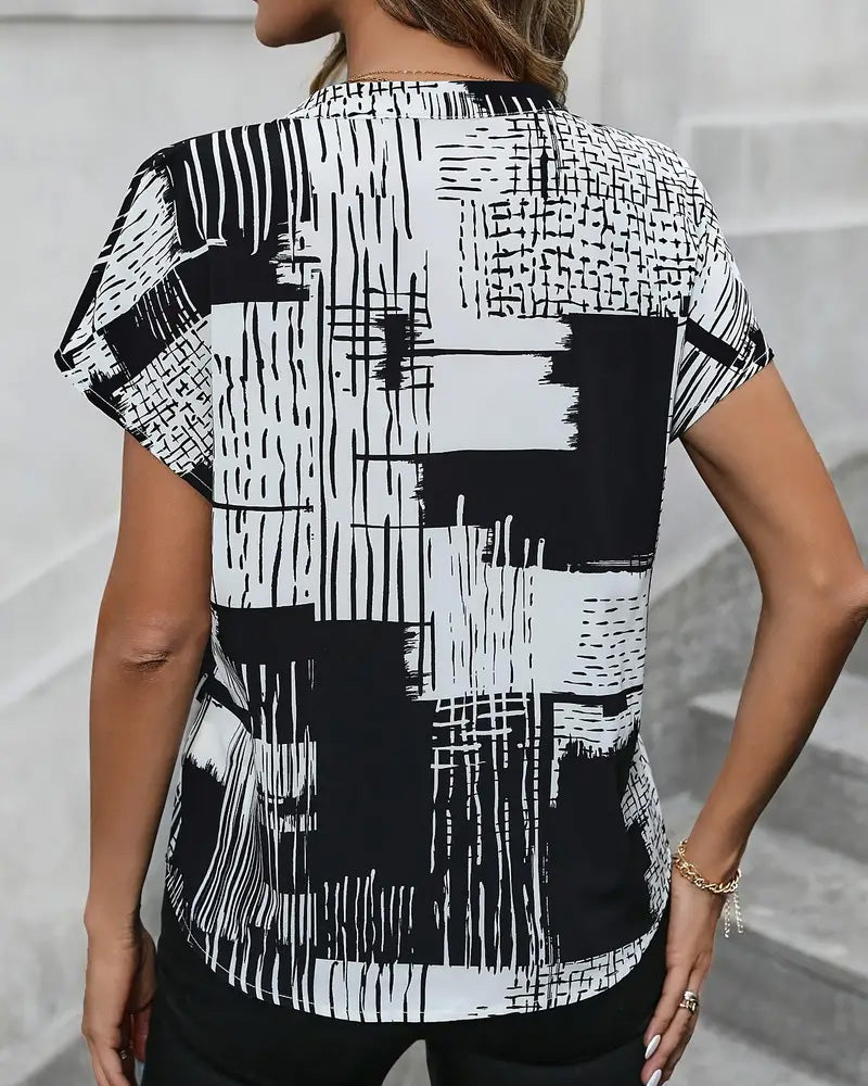 V-Neck Bat Sleeve Elegant Printed Blouse