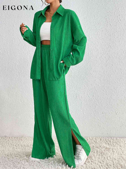 Collared Neck Shirt and Slit Pants Set bottoms clothes Hanny long sleeve shirts long sleeve top set sets Ship From Overseas top tops Women's Bottoms