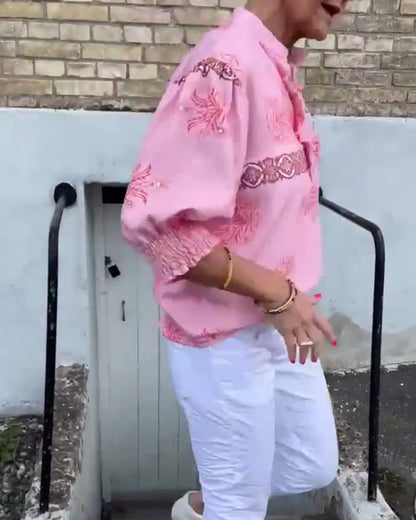 Camicetta stampata a maniche lunghe in pizzo