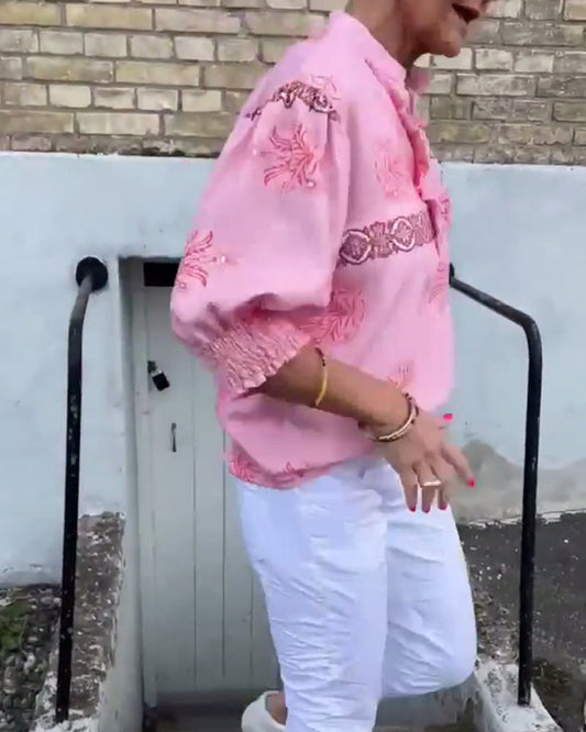 Langärmlige Bluse mit Print aus Spitze