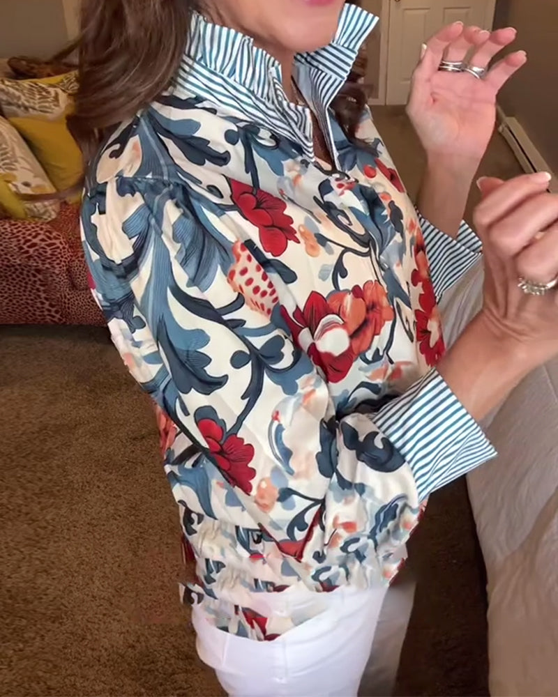 Bluse mit Puffärmeln und Blumenstreifen