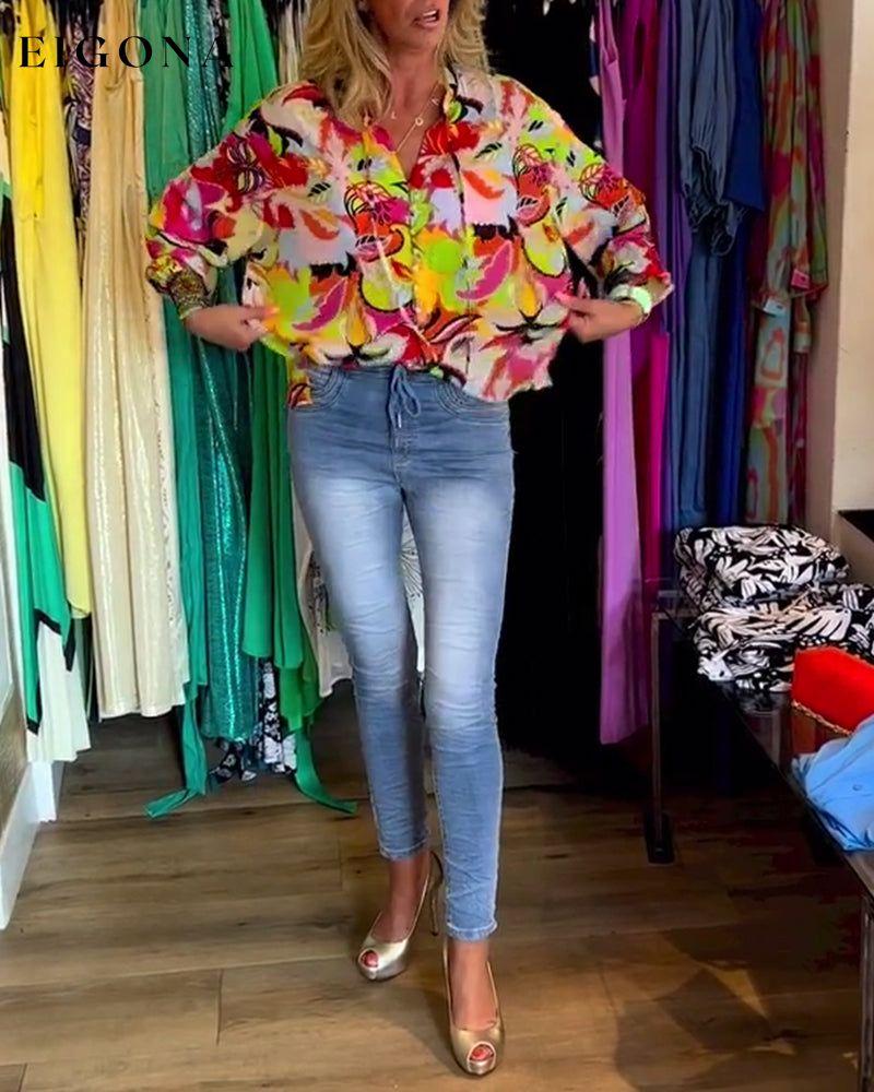 Colorful printed casual V-neck lace up blouse blouses & shirts spring summer