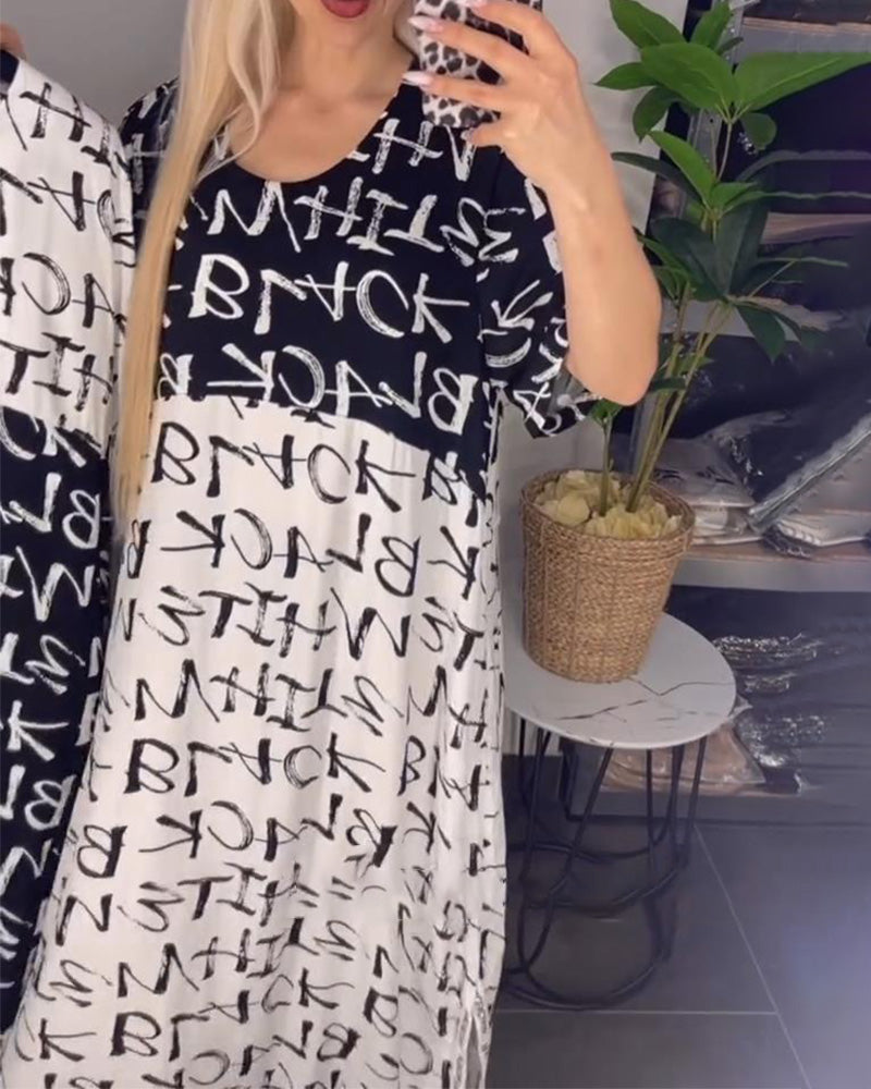 Etuikleid mit Schriftzug und Kontrastdruck