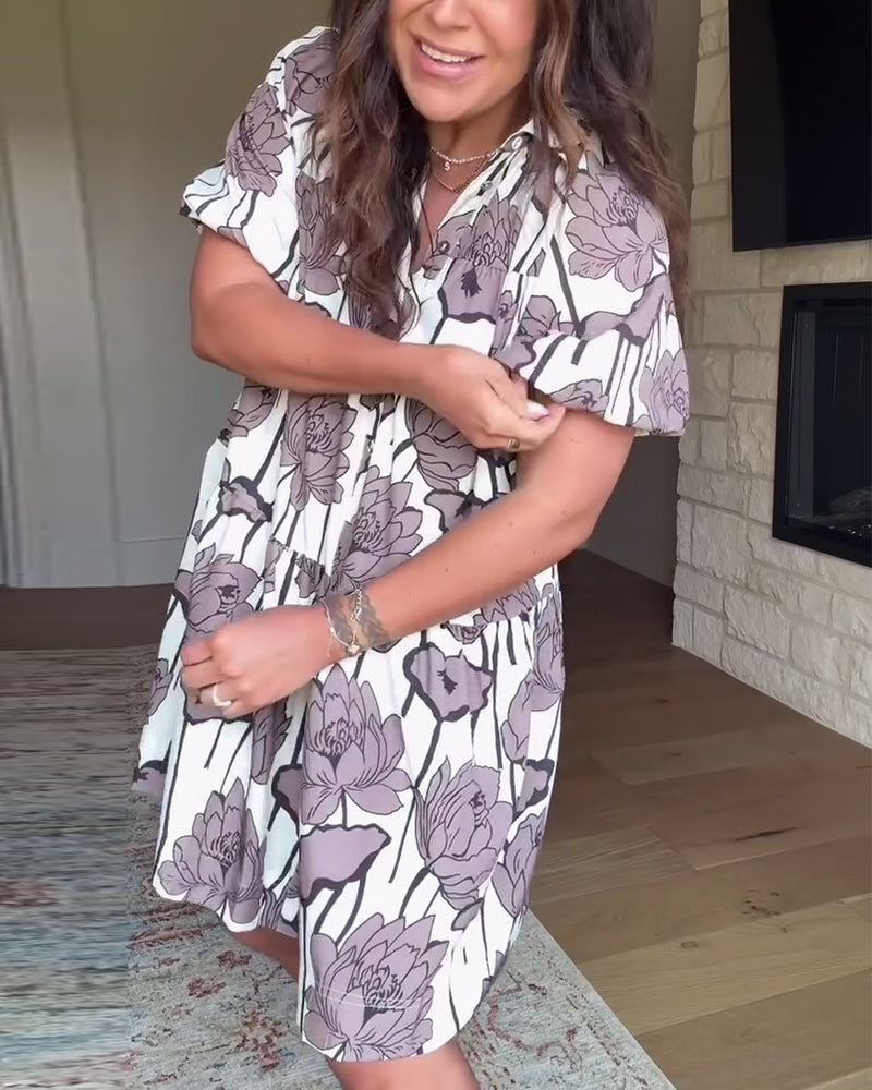 Lässiges Kleid mit Puffärmeln und Blumendruck