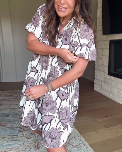 Lässiges Kleid mit Puffärmeln und Blumendruck