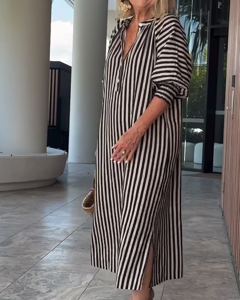 Puff Sleeve Button Slit Striped Dress