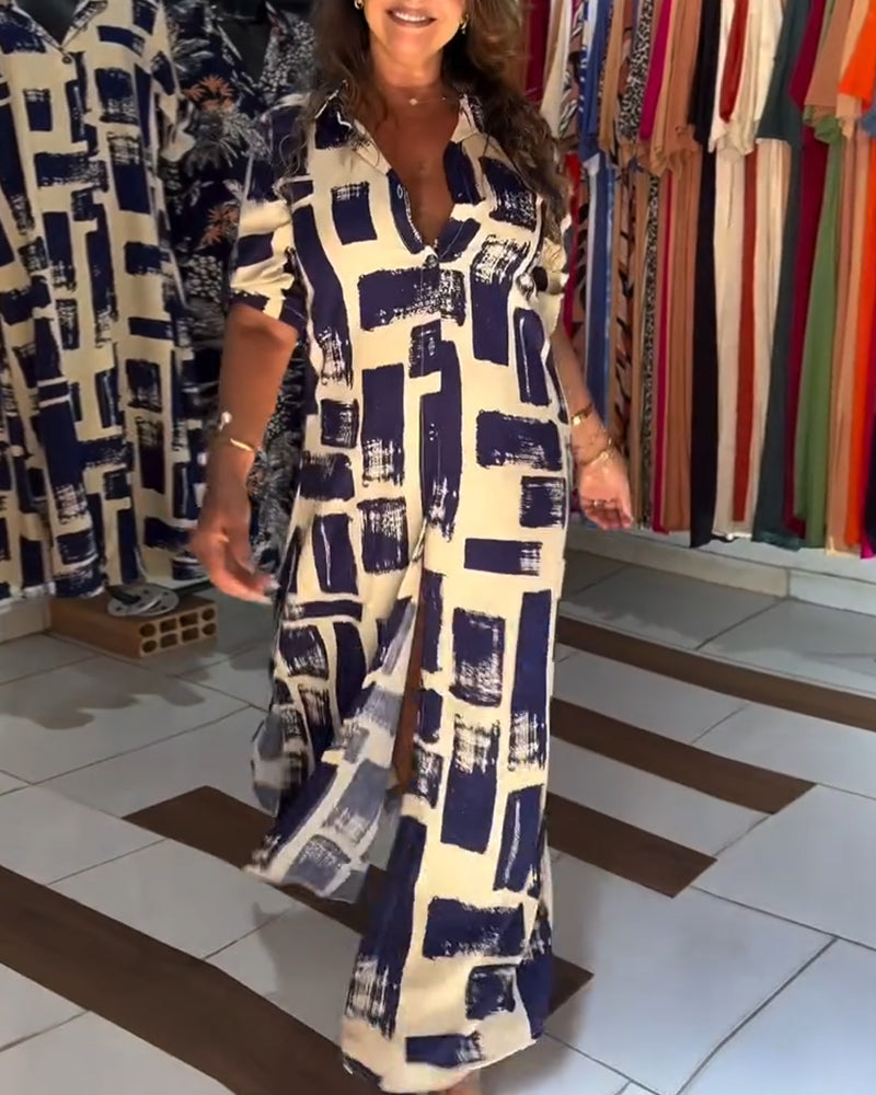 Lapel Slit Plaid Color Block Dress