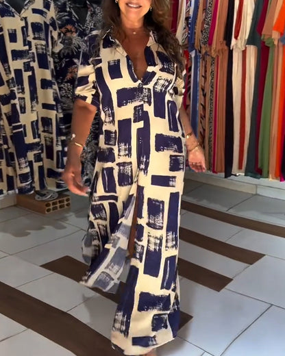 Lapel Slit Plaid Color Block Dress