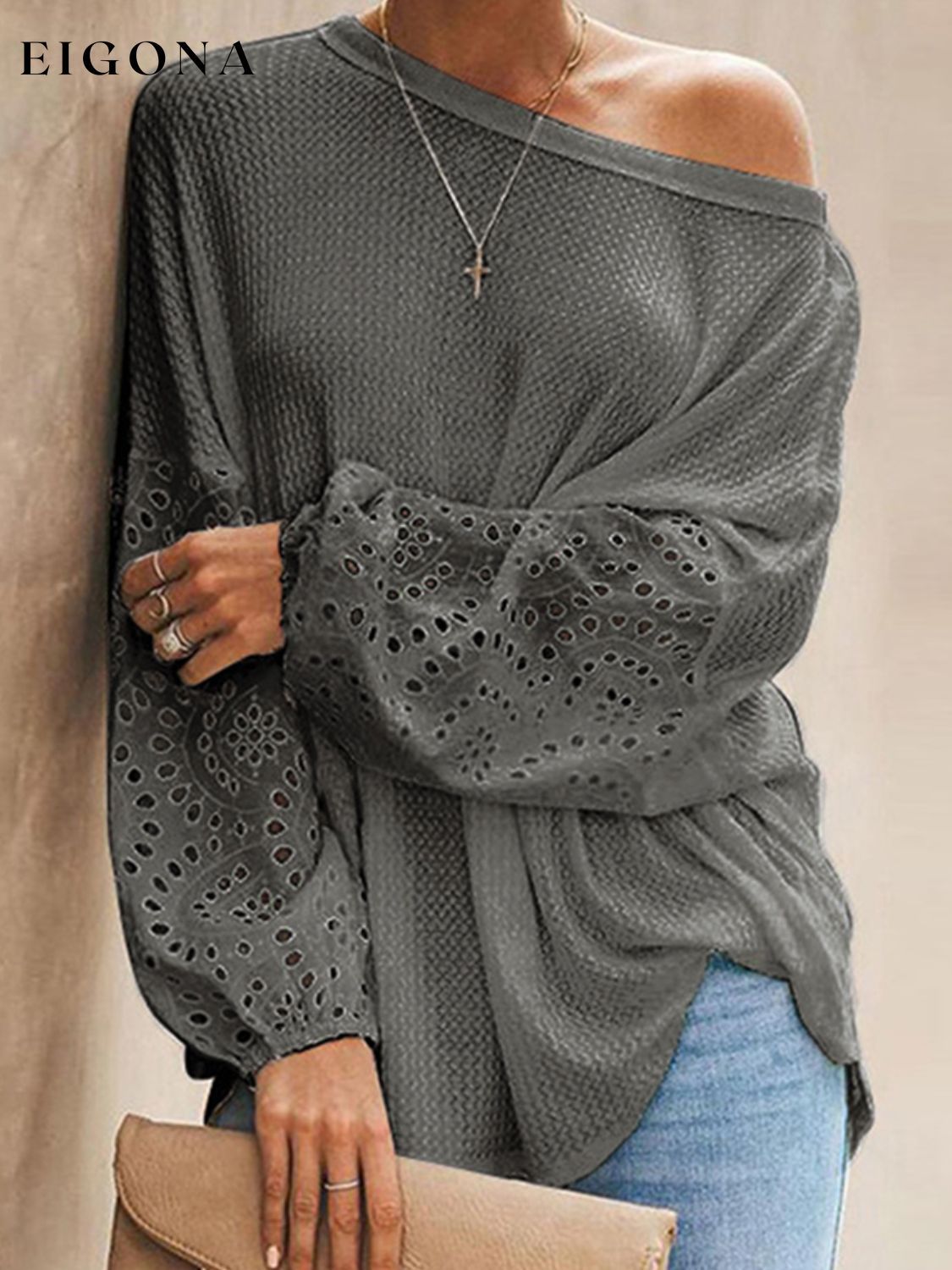 Openwork Dropped Shoulder Boat Neck Blouse Charcoal blouse clothes long sleeve shirts long sleeve top Romantichut Ship From Overseas Shipping Delay 09/29/2023 - 10/04/2023 top tops trend