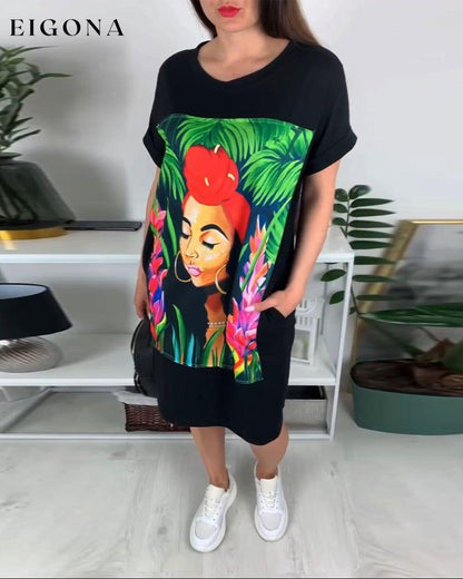 Portrait Printed Round Neck Dress casual dresses spring summer