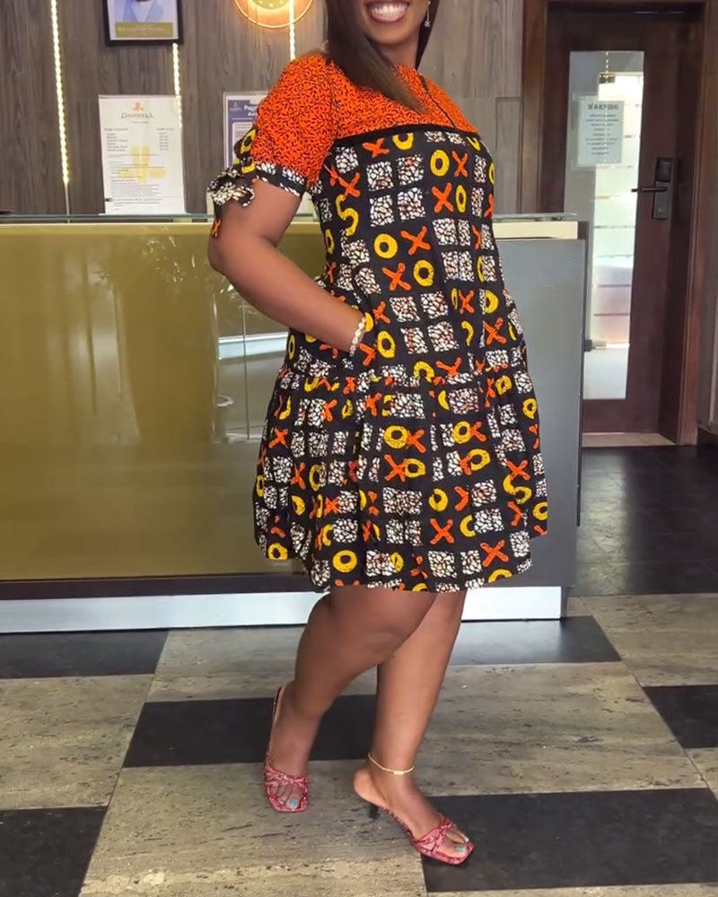 Half-Zip Vintage Contrast Print Dress