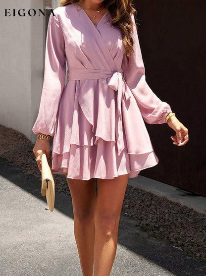Surplice Neck Tie Waist Long Sleeve Dress Blush Pink clothes DY Ship From Overseas trend