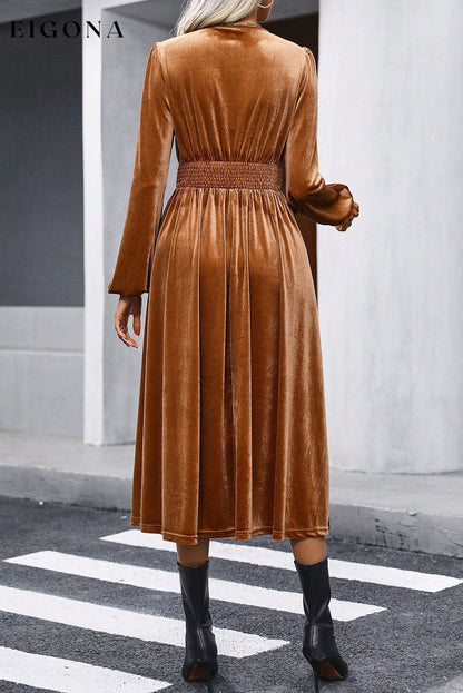 Camel Wrap V Neck Smocked High Waist Long Sleeve Velvet Midi Dress Best Sellers casual dresses clothes dress dresses Fabric Velvet long sleeve dress long sleeve dresses midi dress midi dresses Occasion Daily Print Solid Color Season Winter short dresses Silhouette A-Line Style Elegant