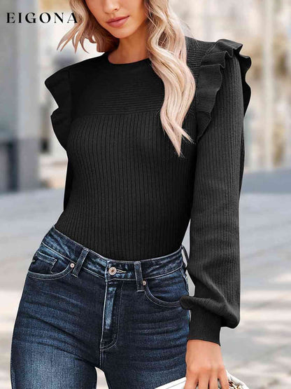 Ribbed Ruffled Round Neck Long Sleeve Knit-Top clothes Q@B@L Ship From Overseas