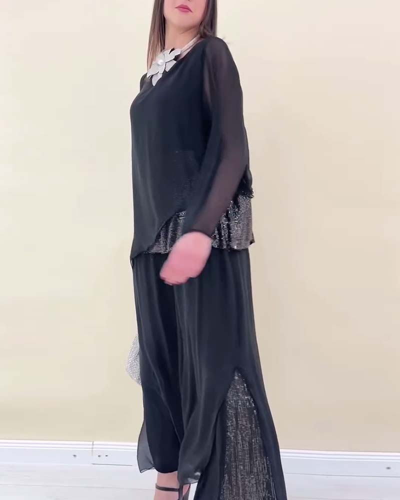 Langärmliger, einfarbiger Anzug mit Pailletten