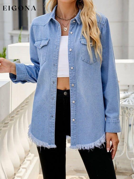 Raw Hem Long Sleeve Denim Shirt, Jacket Light clothes long sleeve shirt long sleeve shirts long sleeve top long sleeve tops M.F Ship From Overseas Shipping Delay 09/29/2023 - 10/02/2023 shirt shirts top tops trend