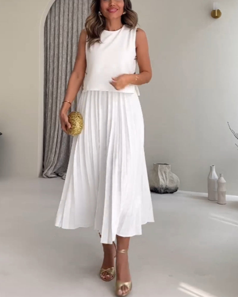 Solid color sleeveless pleated dress casual dresses summer