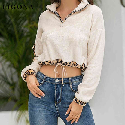 Leopard Half Zip Drawstring Cropped Sweatshirt Ivory clothes L@X@G Ship From Overseas